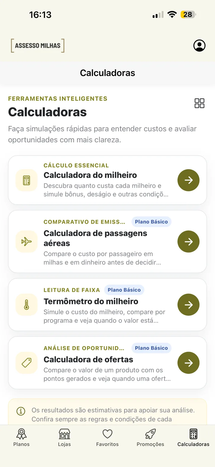 Lista de calculadoras disponíveis no aplicativo Assesso Milhas