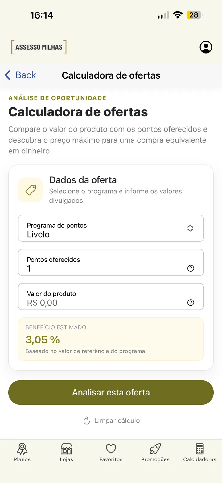 Calculadora de ofertas do Assesso Milhas